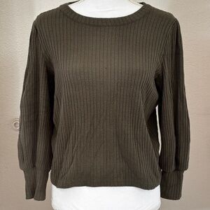 Madewell Women's Top Pullover Sweater Brushed Rib Puff Sleeve, Olive, Medium